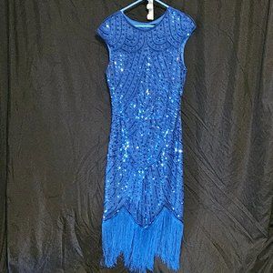 1920s Blue Beaded & Sequin Mable Flapper Dress Large